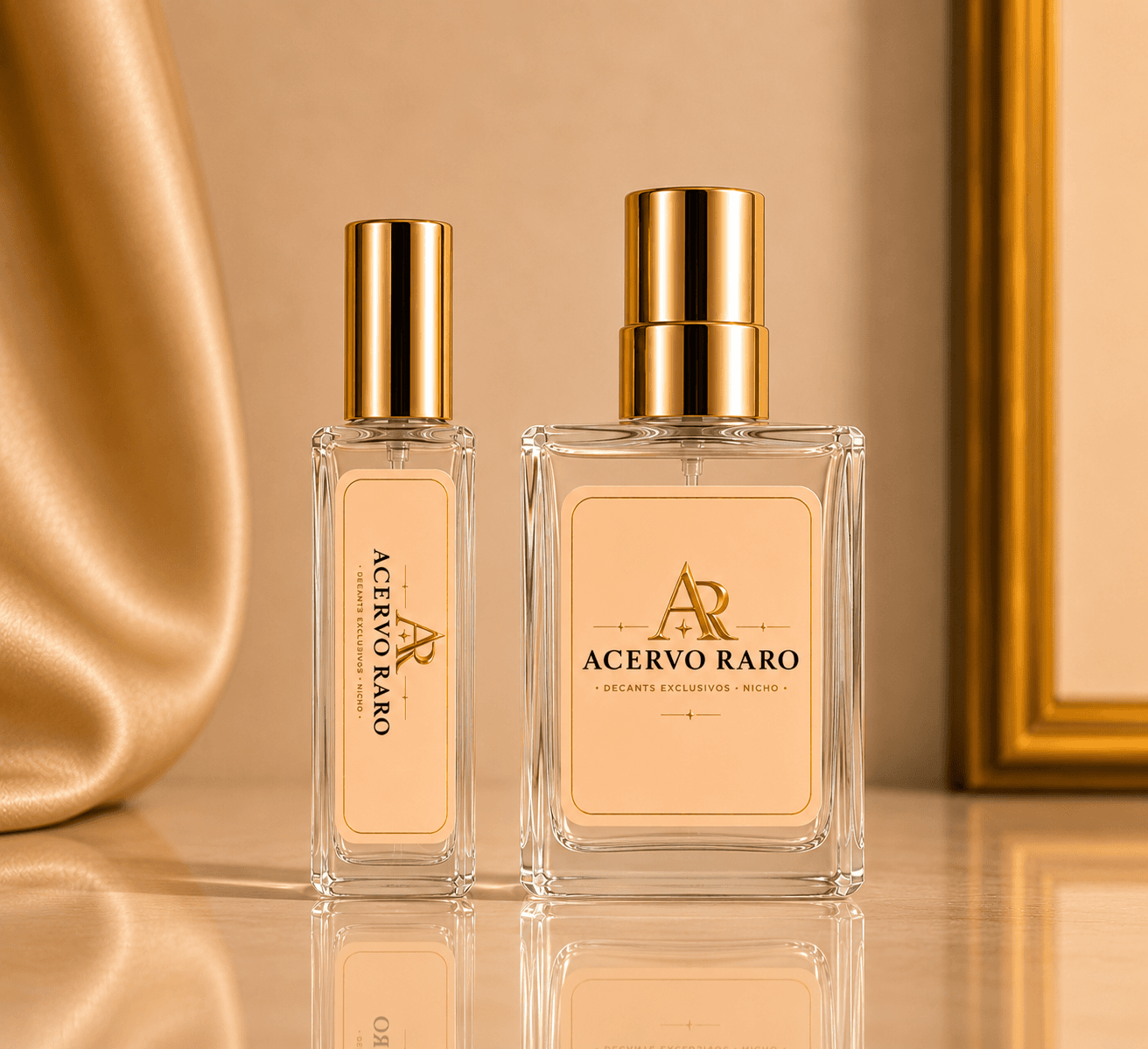 Decants Acervo Raro: frascos de vidro premium com tampa dourada